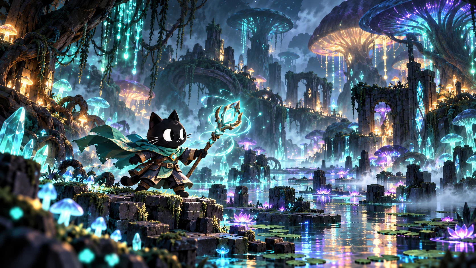 El gato negro con un bastón en un bosque de setas luminosas